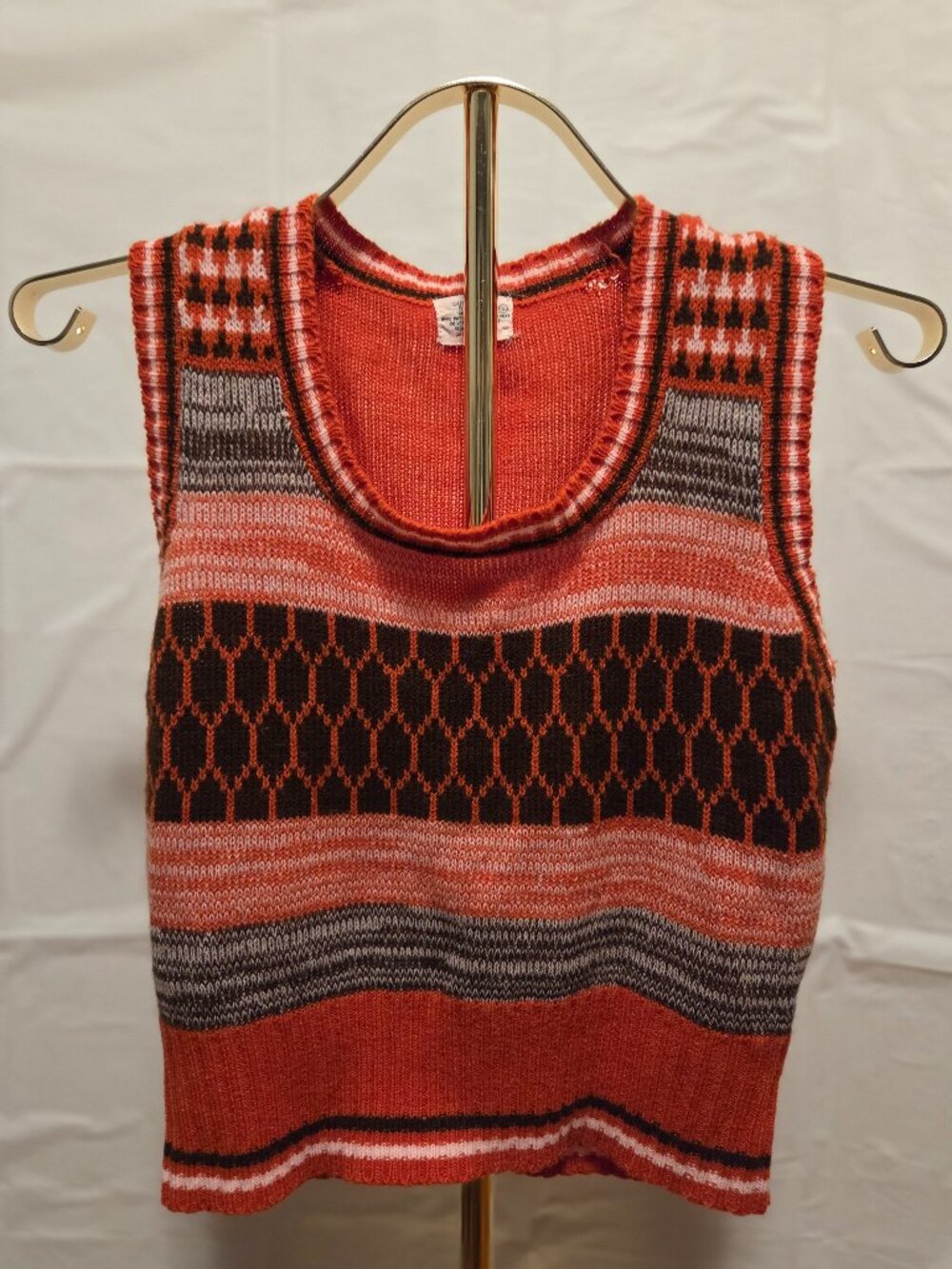 VTG 1970s Orange Geometric Honeycomb Knit Sweater Vest XS S